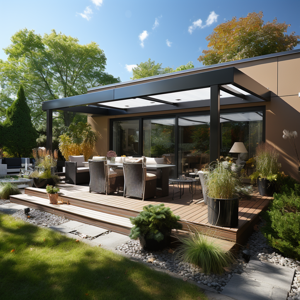 Contemporary-styled residence open patio terrace with vertical roller terrace awning