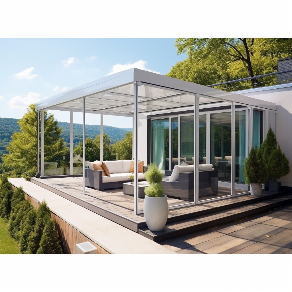 Contemporary-styled open patio terrace with roller terrace awning