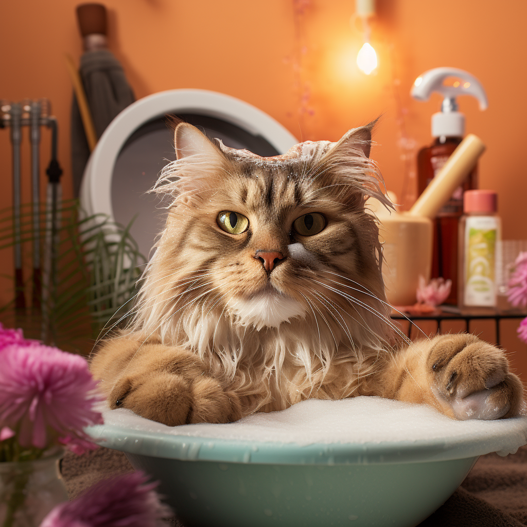 Happy cat enjoying waterless shampoo session