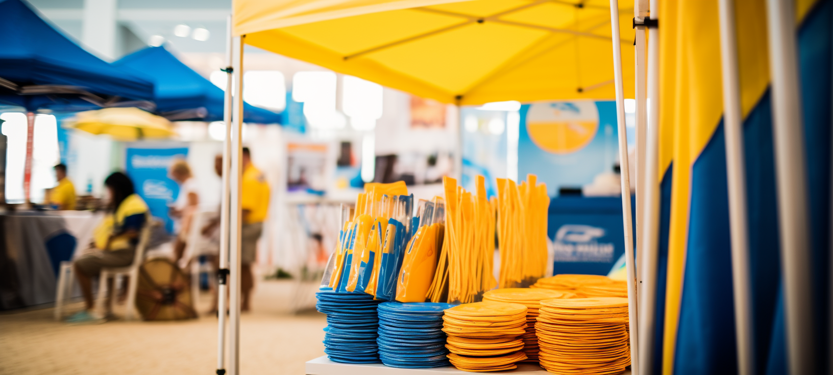 Convention display products with beach flags, roll-ups, banners, tents