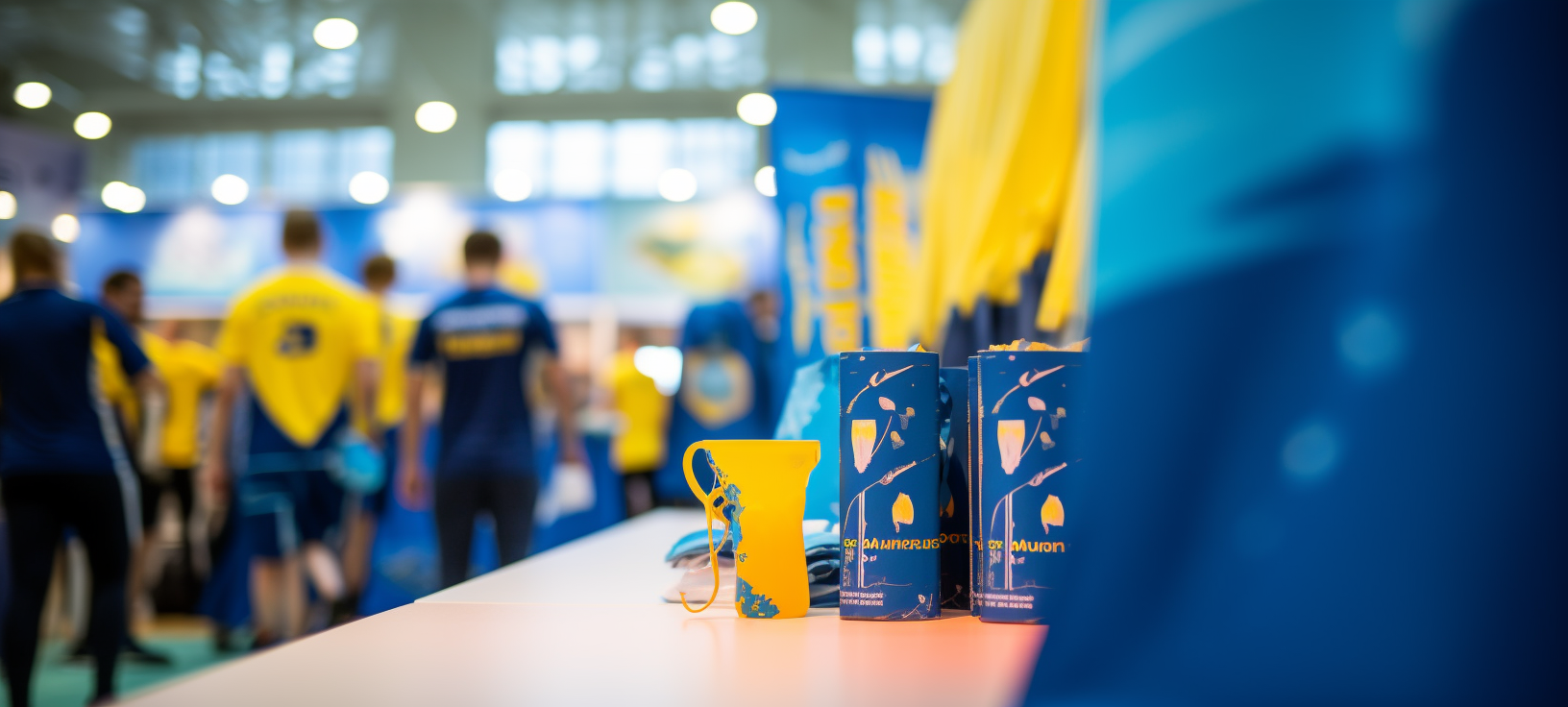 Convention Display Products in Yellow, Blue, and White