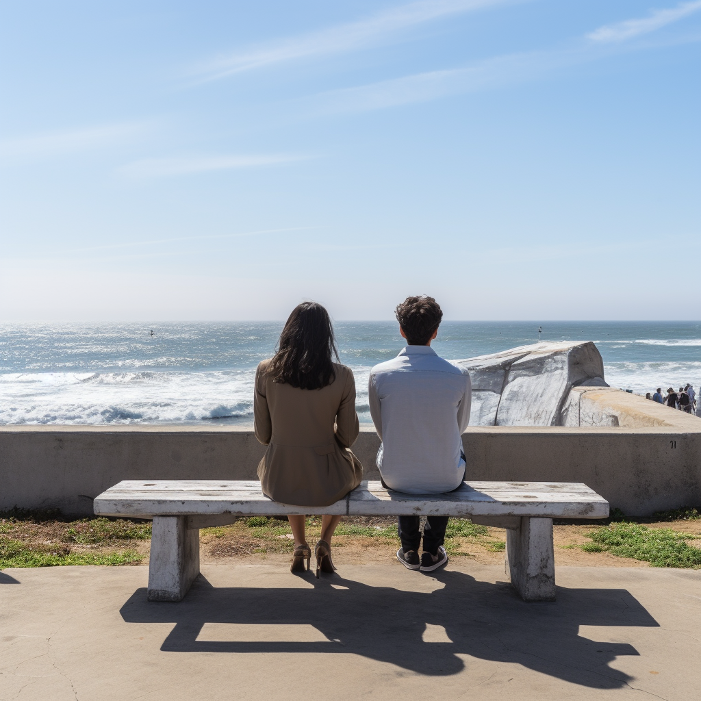 Two strangers conversing on a beach bench