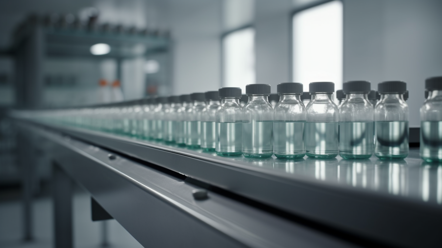 Close up of medicine bottles on conveyer belt