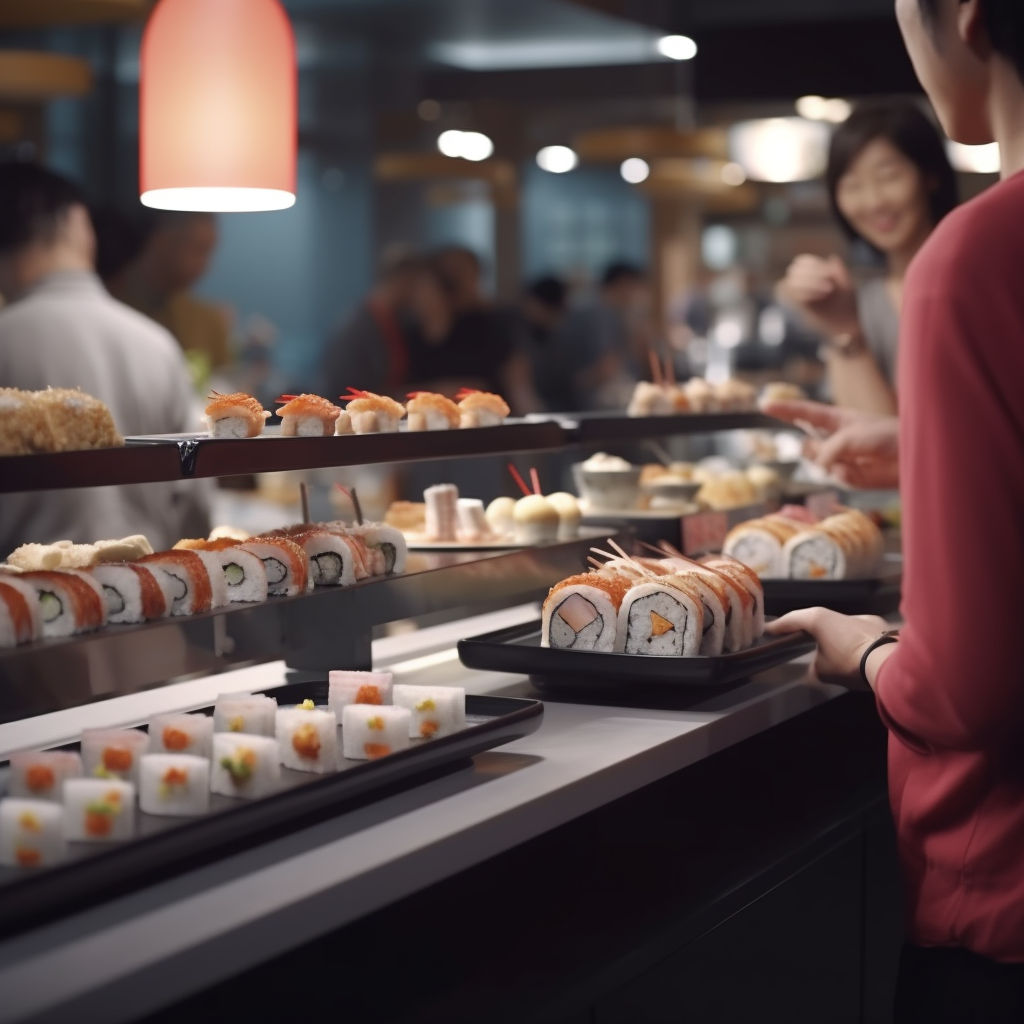 Friends enjoying sushi at conveyor belt restaurant