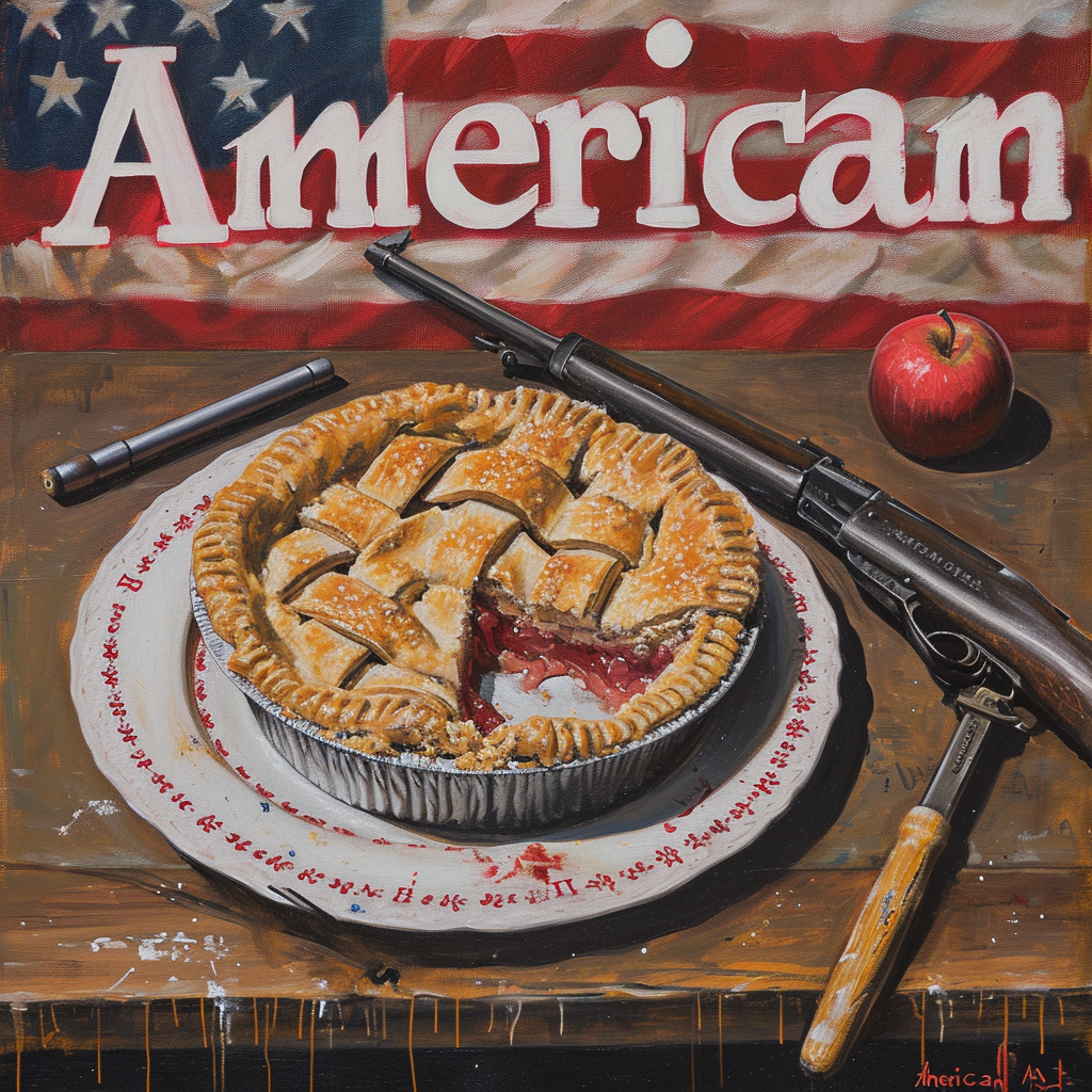 Vintage cookbook cover with apple pie and rifle