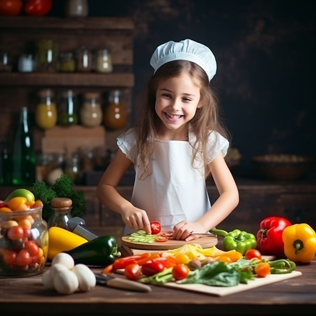 Cooking girl with fresh fruits and vegetables