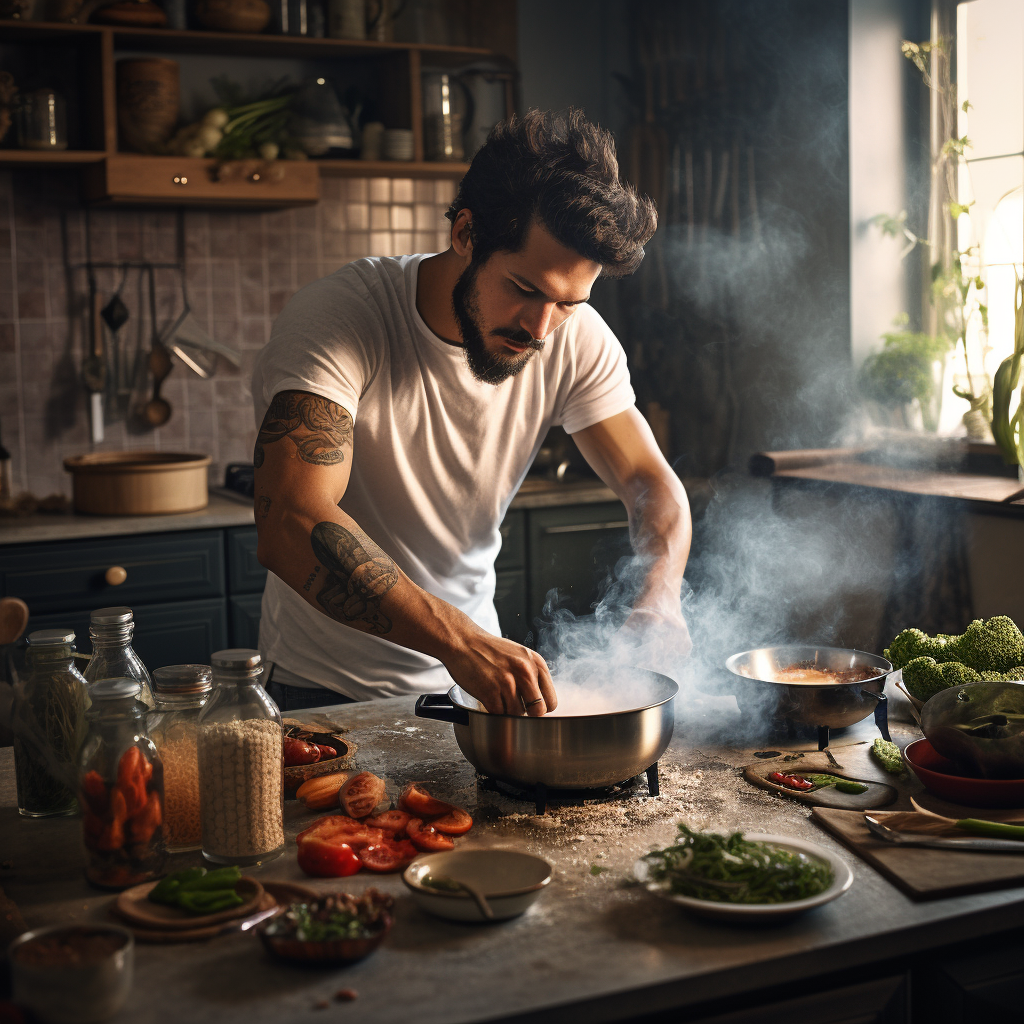 Man cooking in a white kitchen