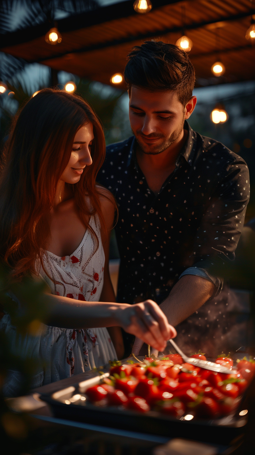 Modern Couple Cooking Strawberry Dessert