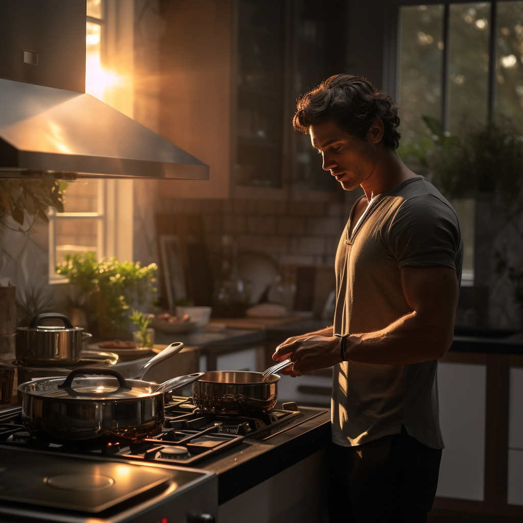 Mid-30s man cooking in modern kitchen