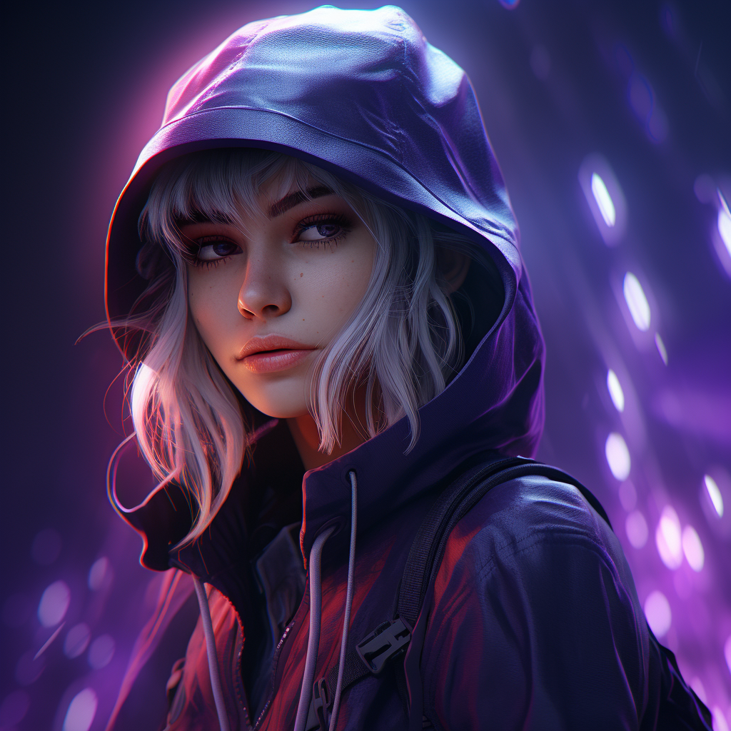 3D animated character in purple lighting