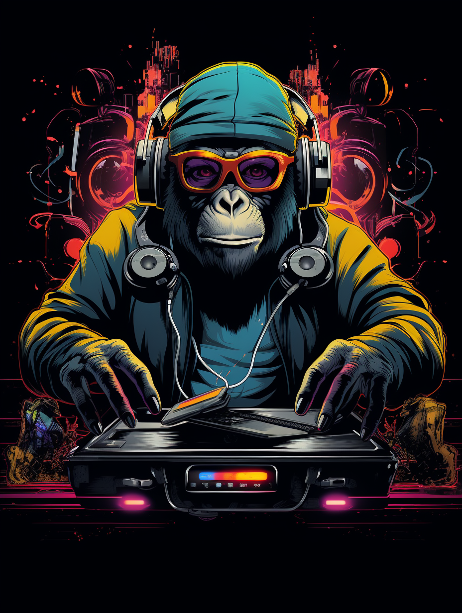 graphic t-shirt design of cool ape DJ