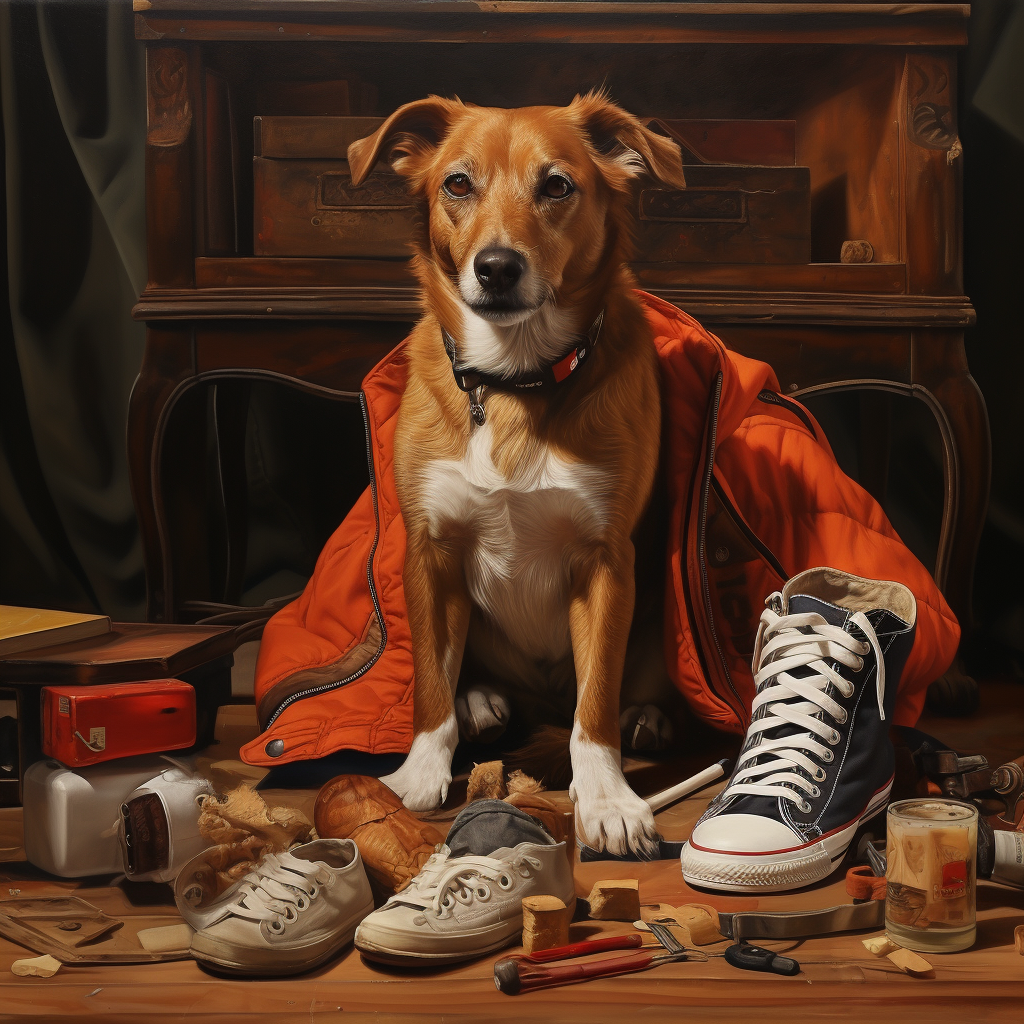 Cool dog eating sneakers photo