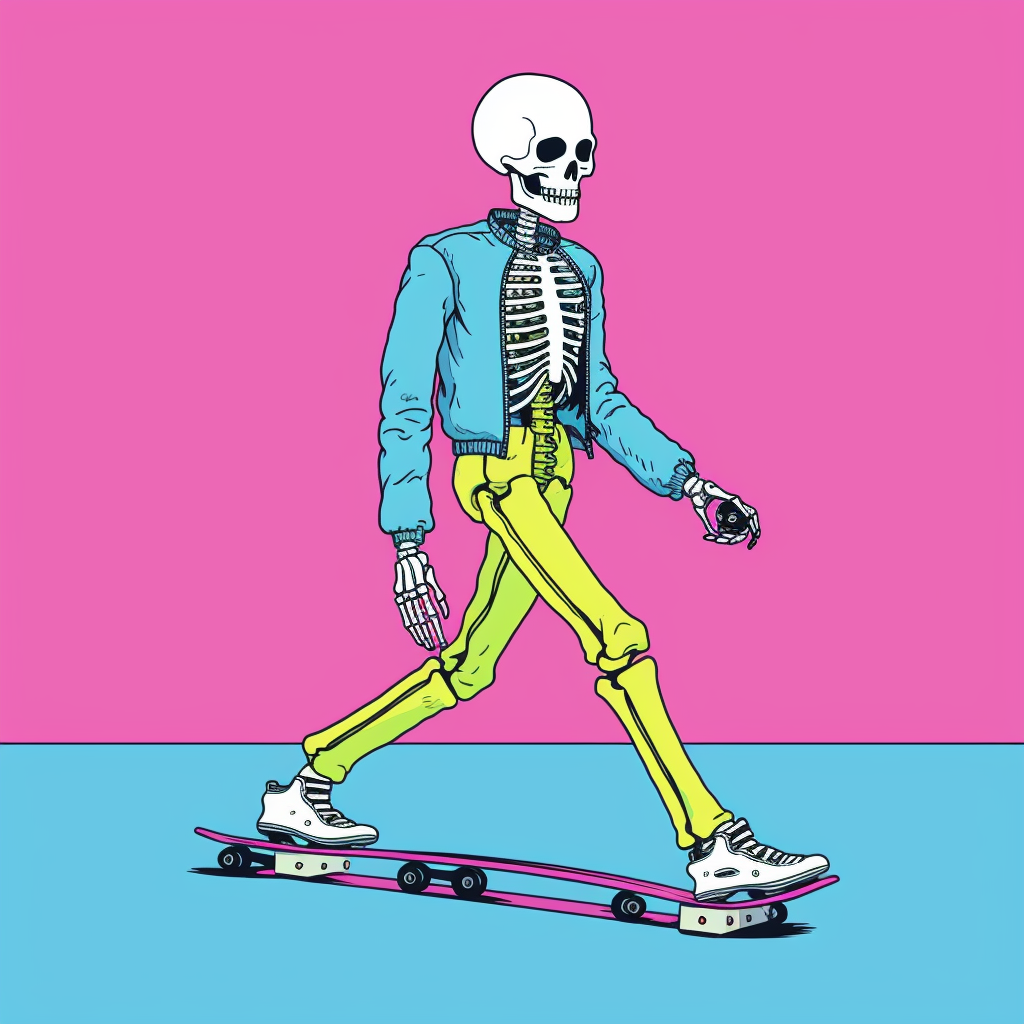 Colorful skeleton skating with metal chains