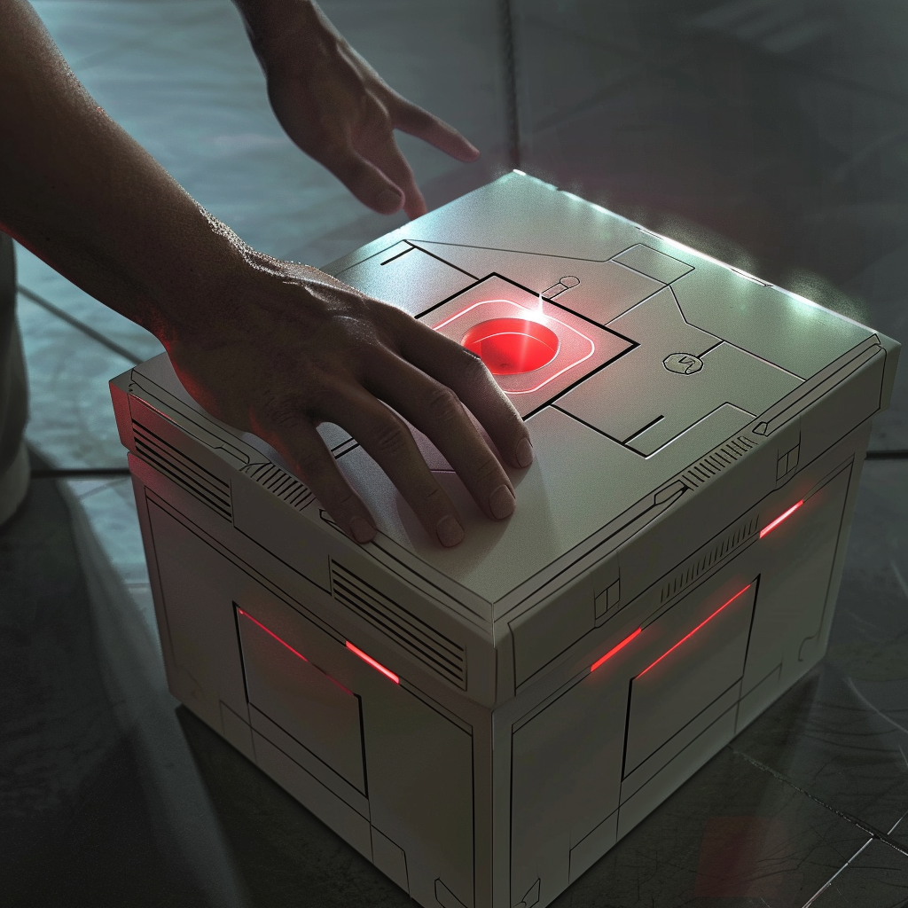 Child pushing red button on futuristic present box