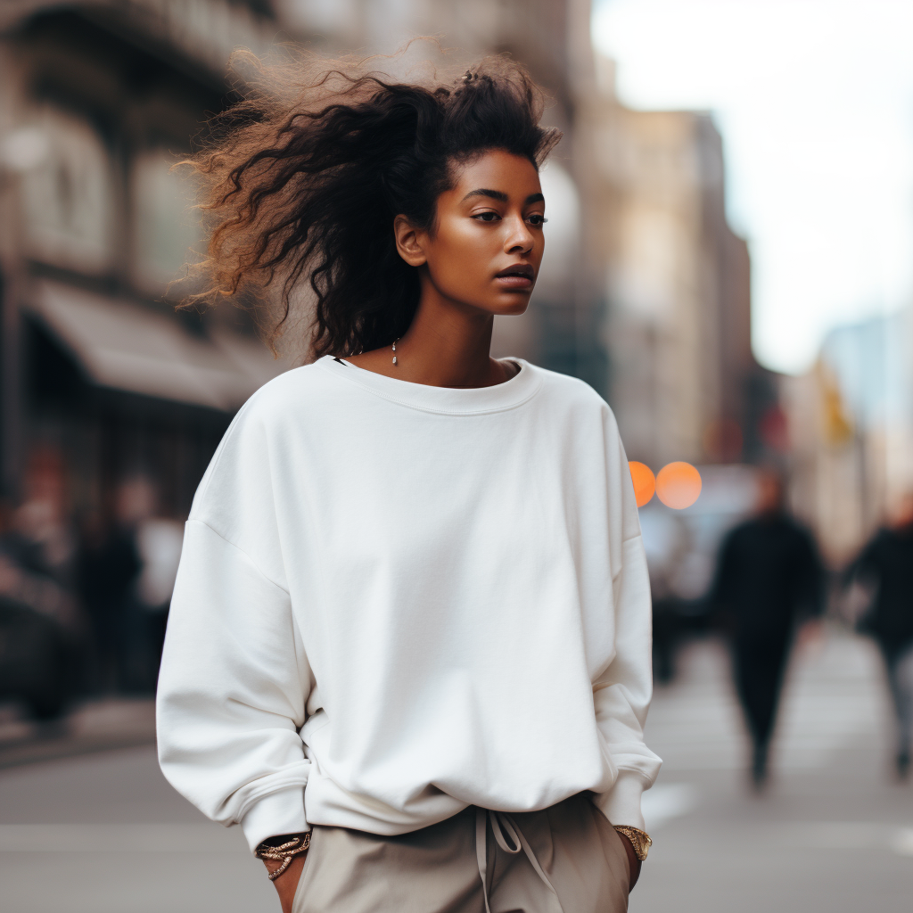 Fashionable girl with brown skin in white sweatshirt