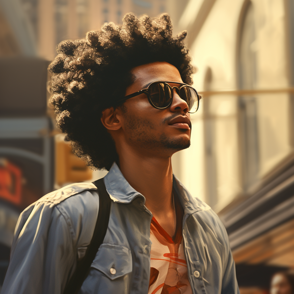 Cool guy with afro walking in New York City