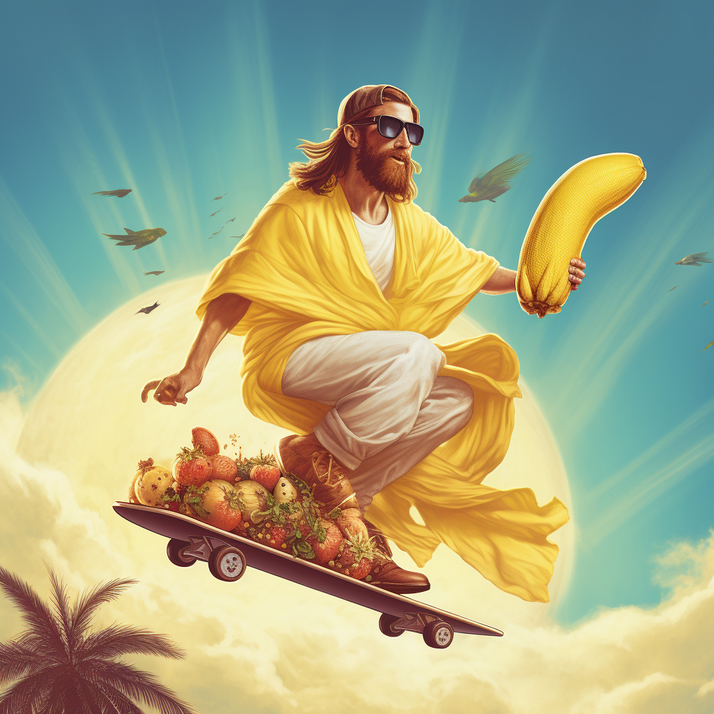 Cool Jesus Skateboarding delivering bananas to the homeless