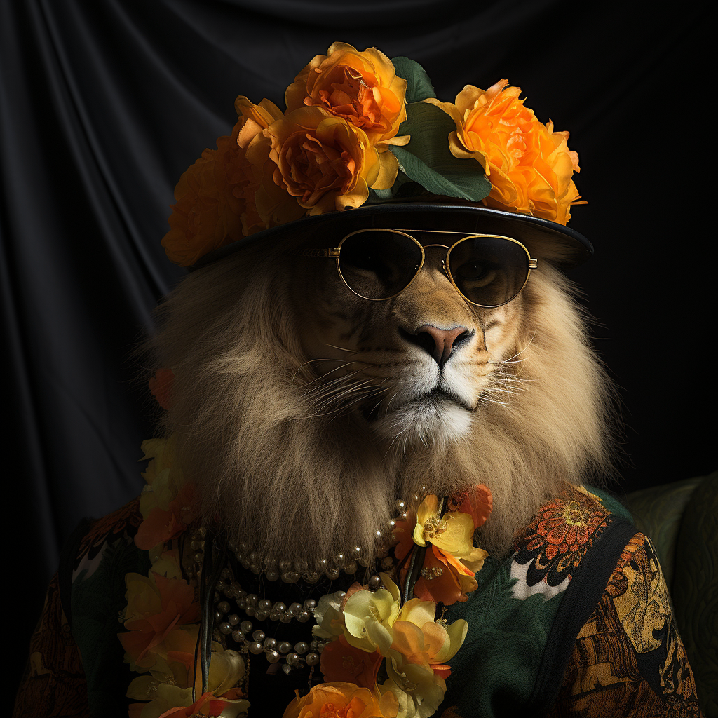 Cool lion in high fashion portrait