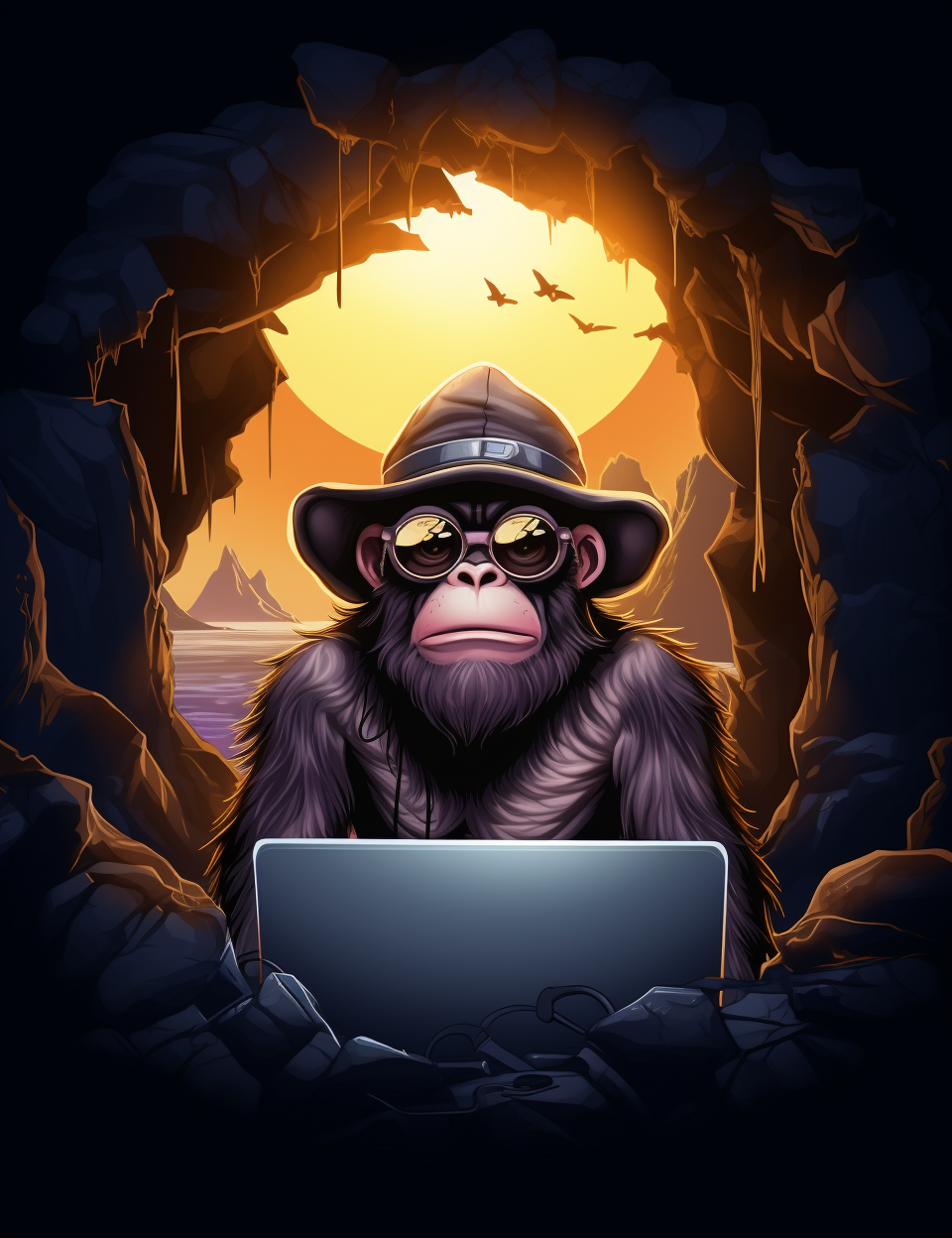 Cool monkey with laptop browsing internet