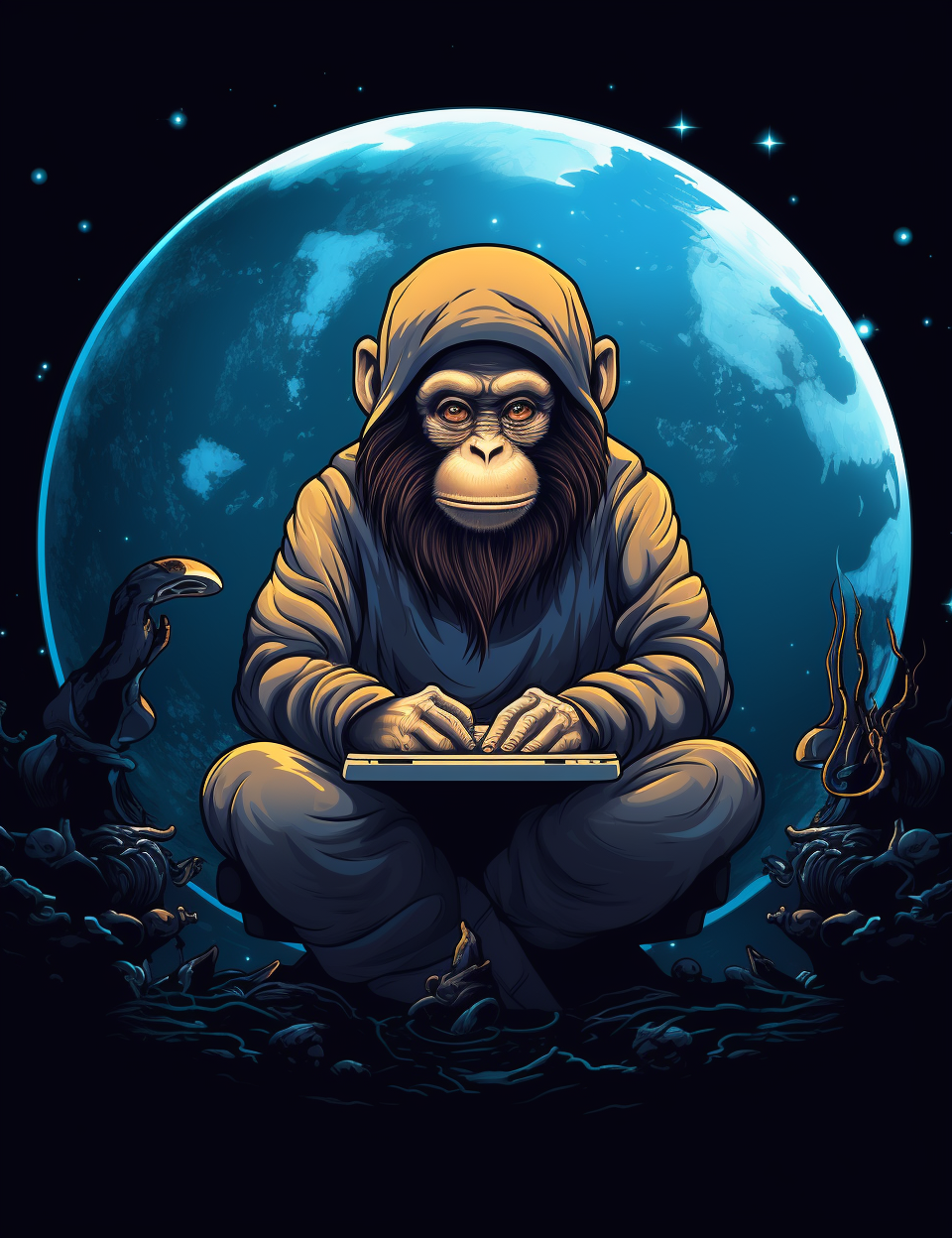 Cool monkey browsing internet with grey moon backdrop