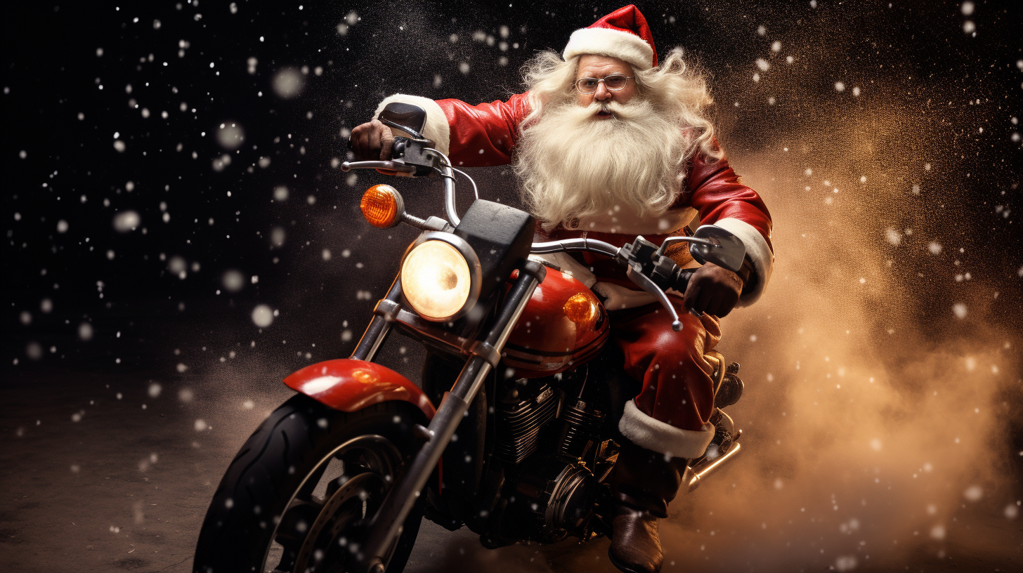 Santa Claus riding fast motorcycle