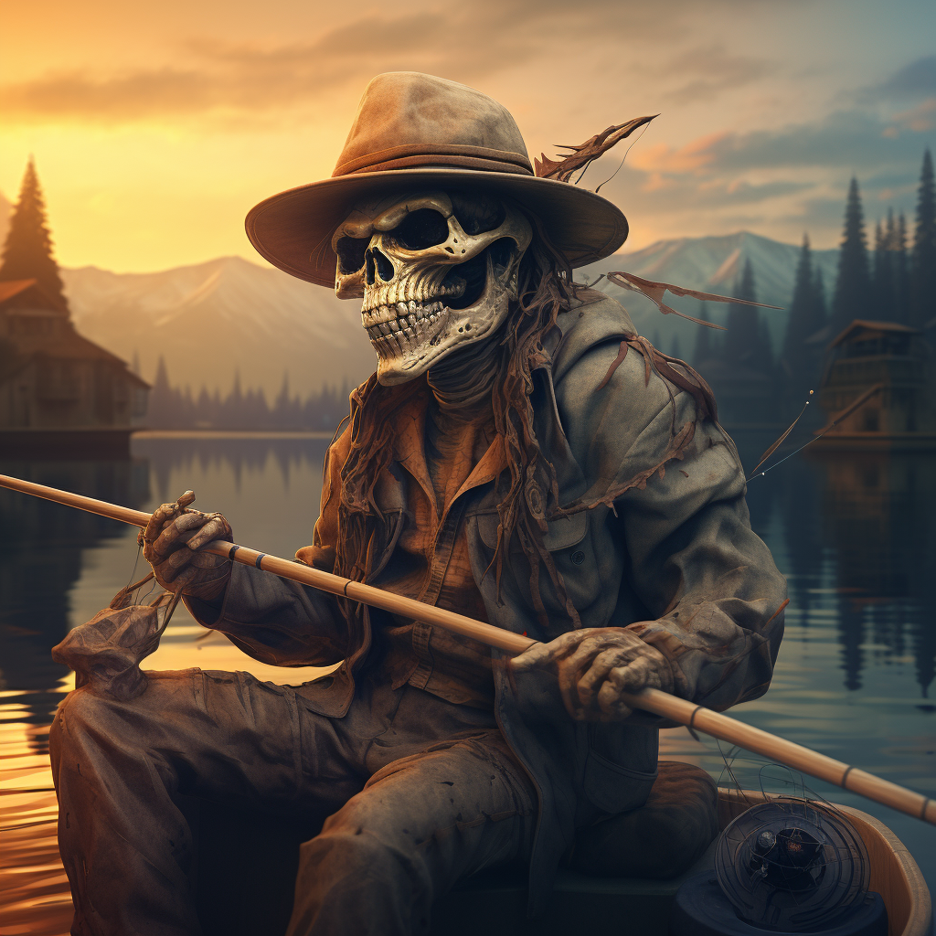 Skeleton wearing fishing hat