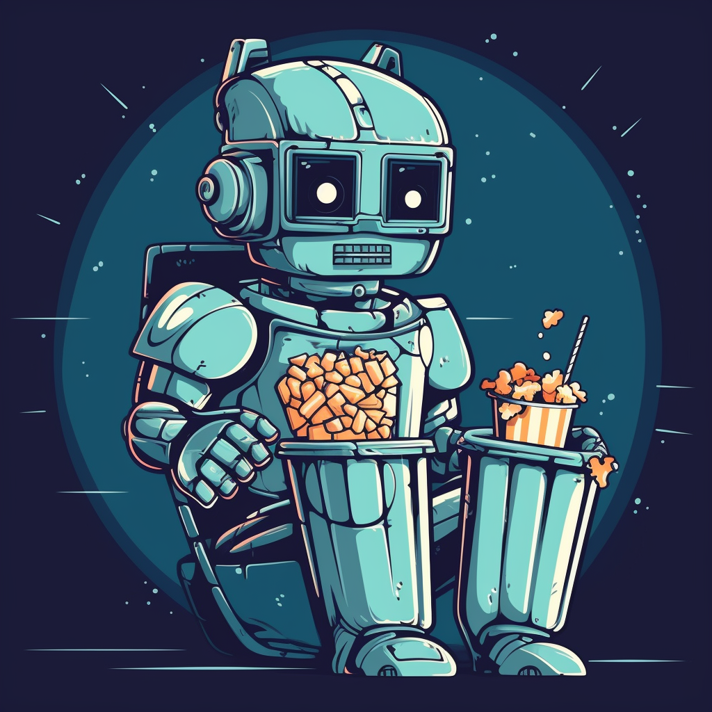 Cool robot enjoying a movie with popcorn