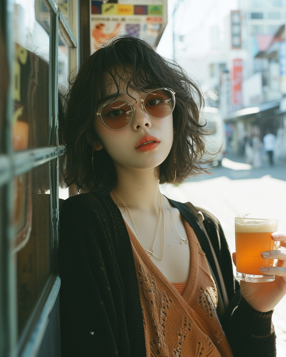 fashionable japanese woman drinking coffee