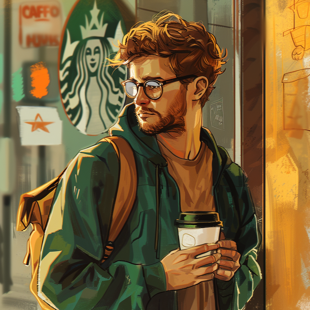 Cool guy meeting friend at Starbucks