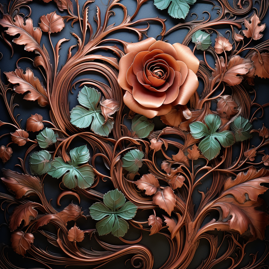 Copper Metal Sculpture Rose Leafs Creepers Wall Panel