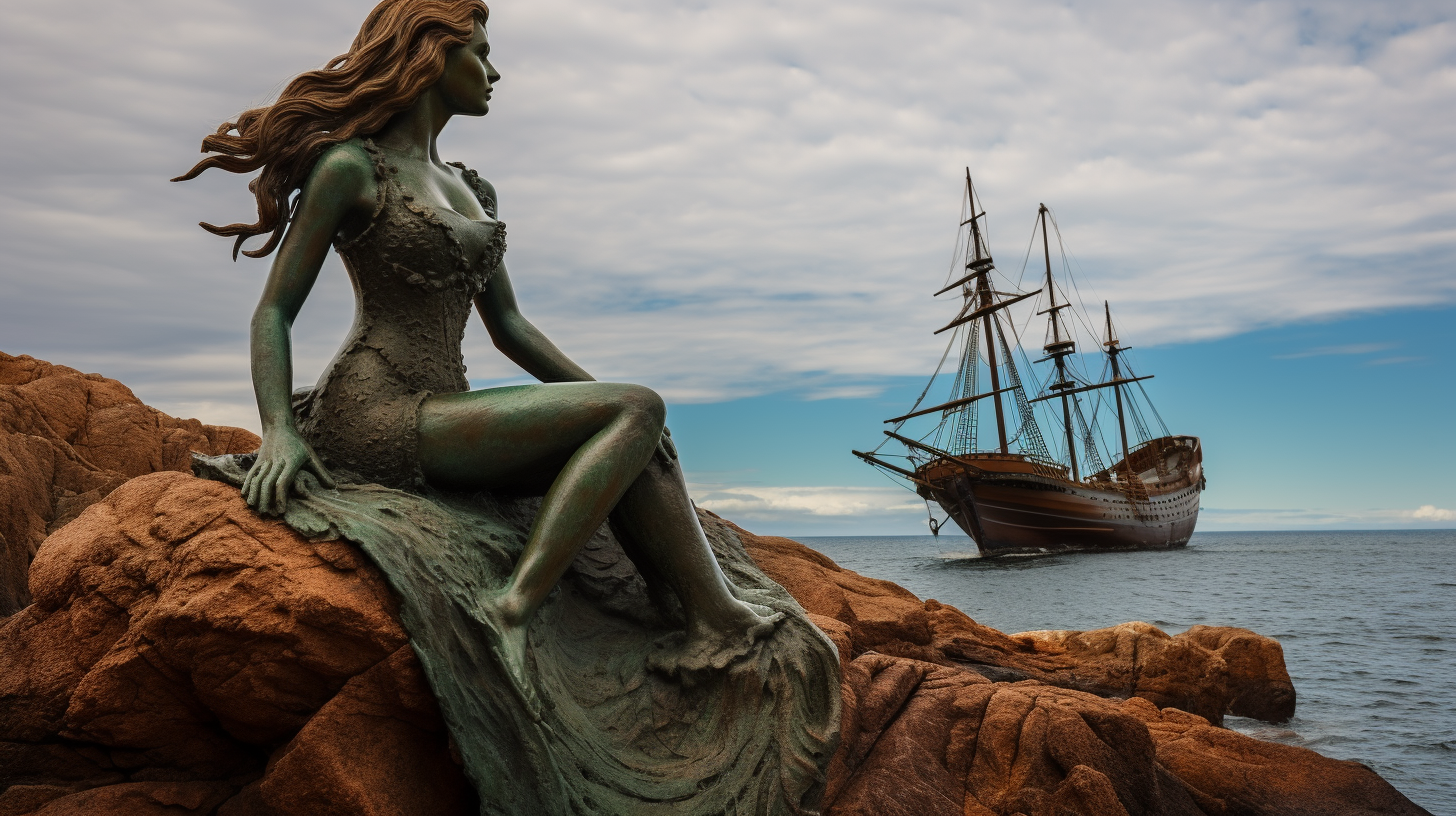 Copper Patina Mermaid Statue on Rock with Sailing Ship