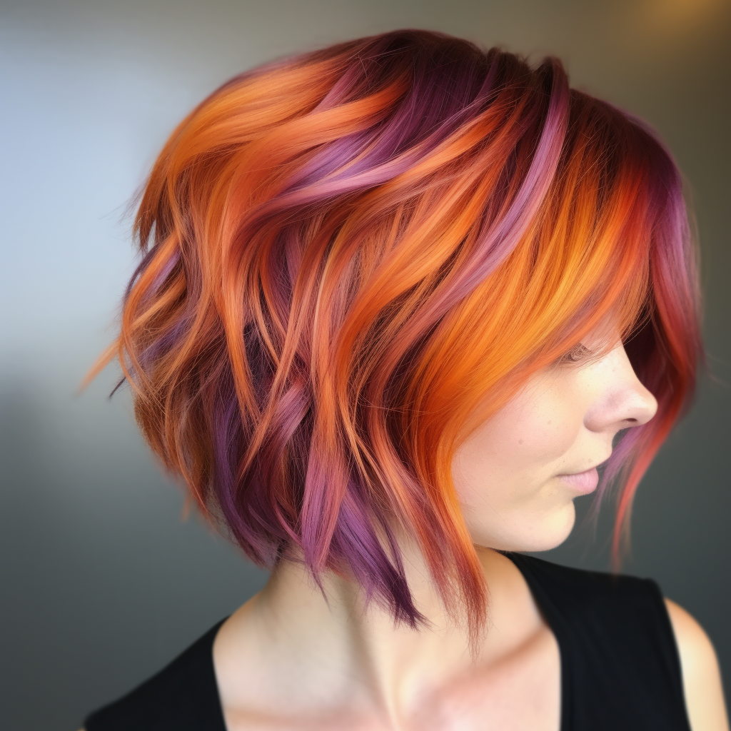 Vibrant highlights of copper, purple, orange, and silver on woman's hair