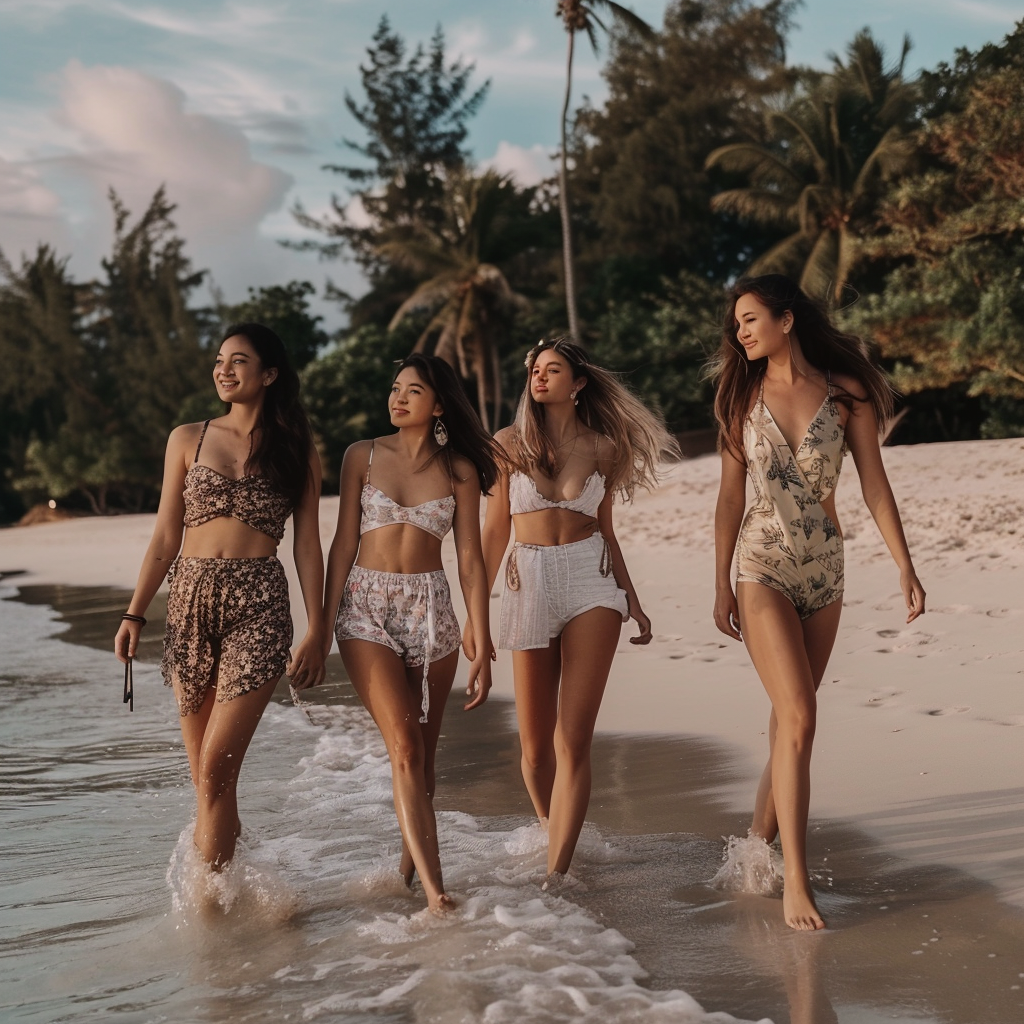 Four models walking on Coral Island beach in PENTI beachwear