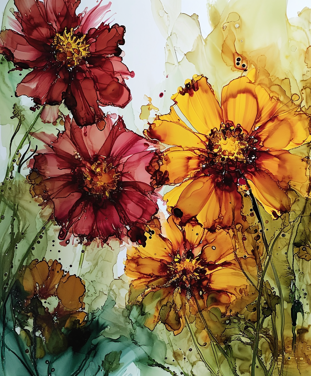 Vibrant Coreopsis Flowers in Alcohol Ink