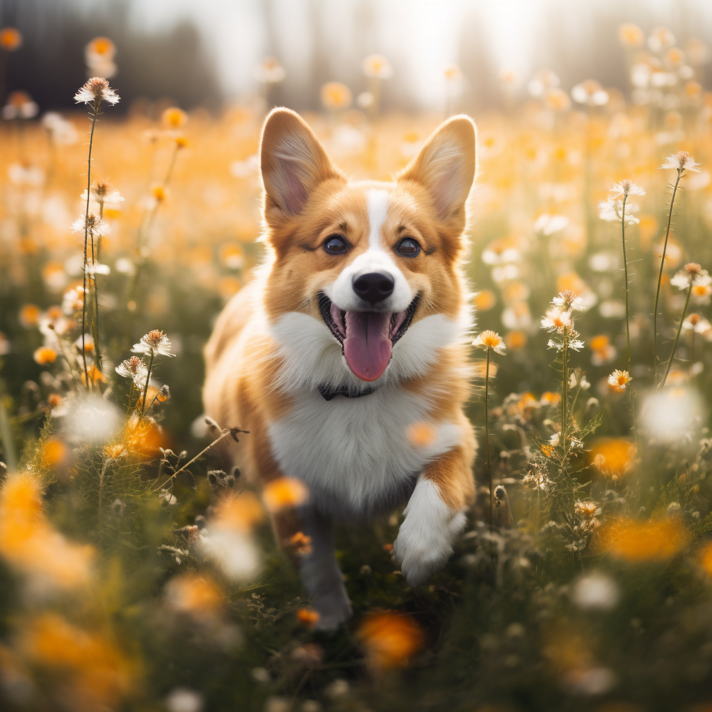 Cute Corgi-Australian Shepherd Dog in Dandelion Field