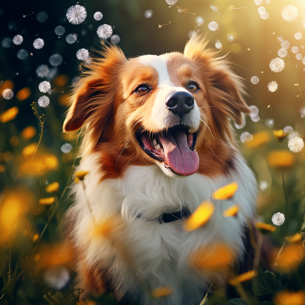 Cute Corgi Australian Shepherd Mix in Dandelion Field