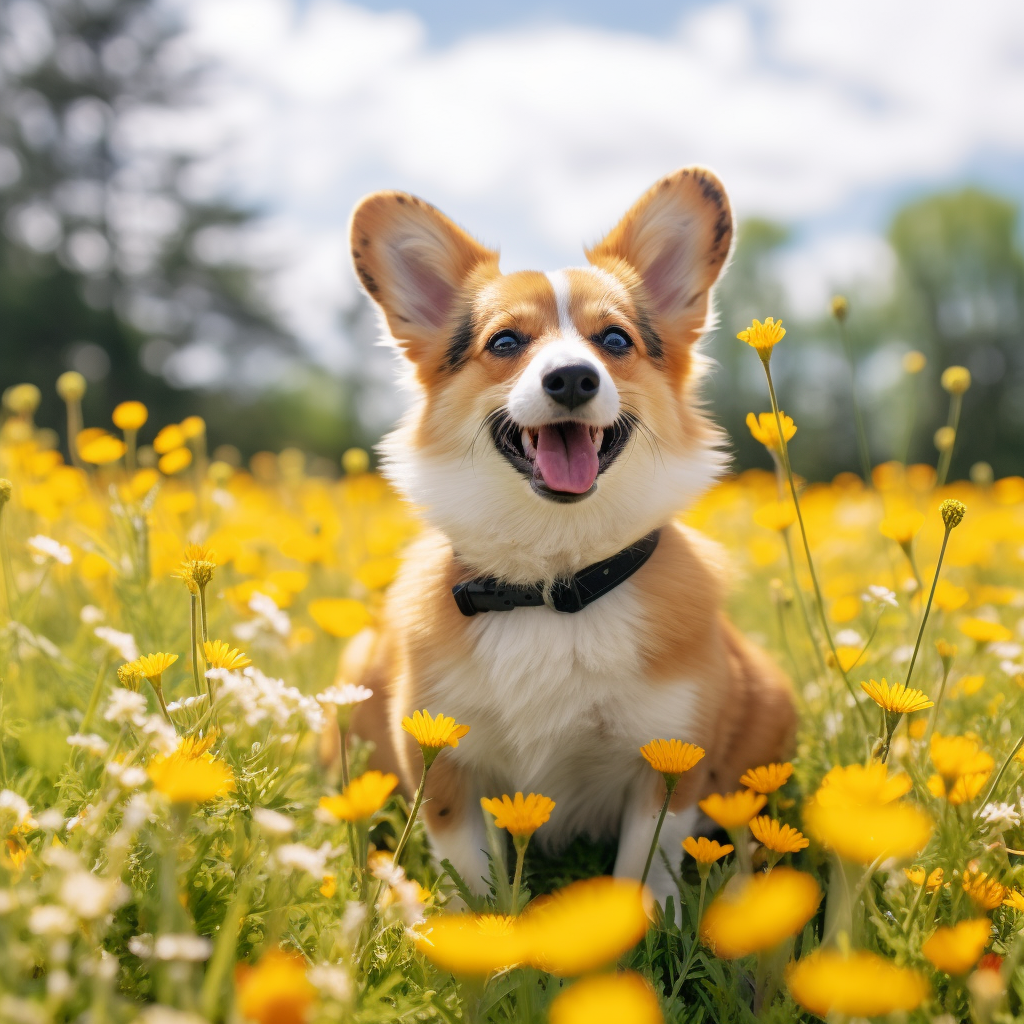 Corgi Australian Shepherd Mix in Dandelion Field