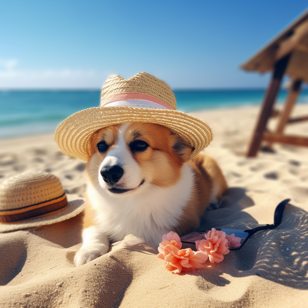 Corgi chilling on beach with hat