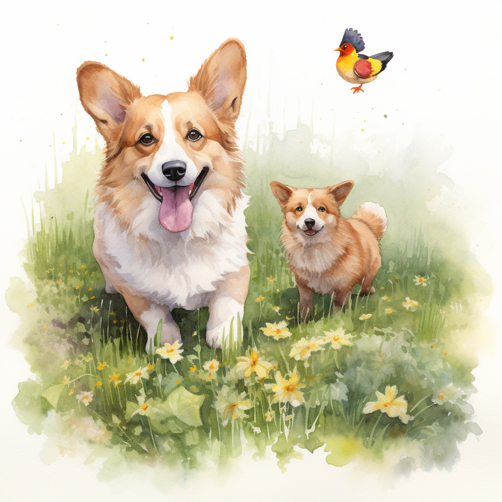 Watercolor painting of corgi and chicken in spring meadow