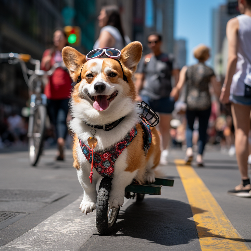 Corgi dog biking in Times Square