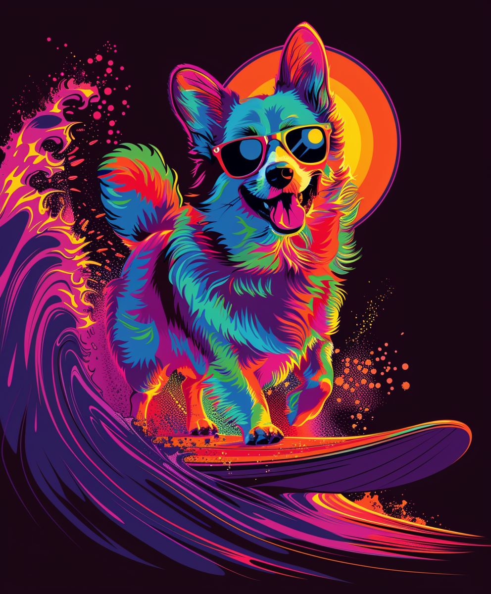 Corgi Dog Surfing Rainbow Wave