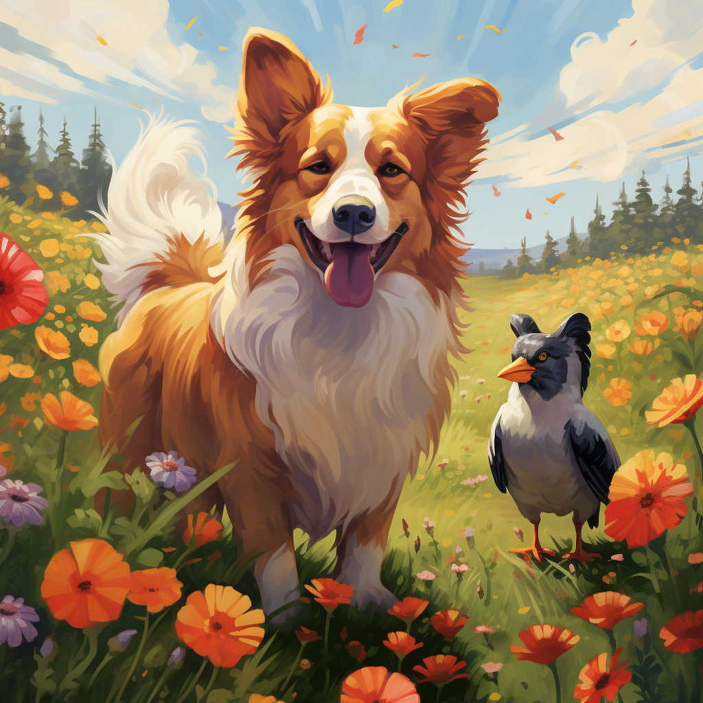 Corgi and Rooster Smiling in Meadow