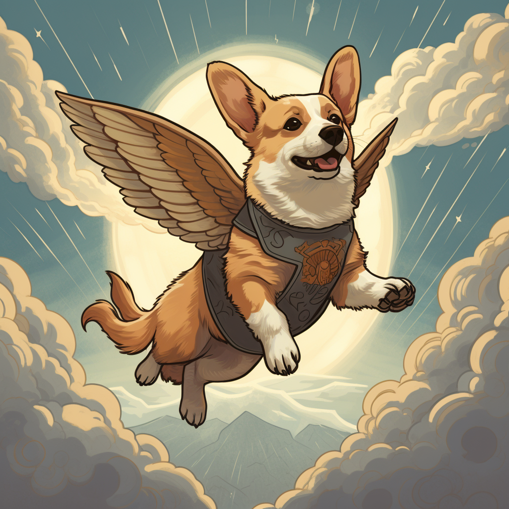 Playful corgi soaring through skies