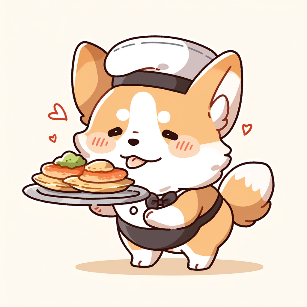 Corgi enjoying tasting food in restaurant attire