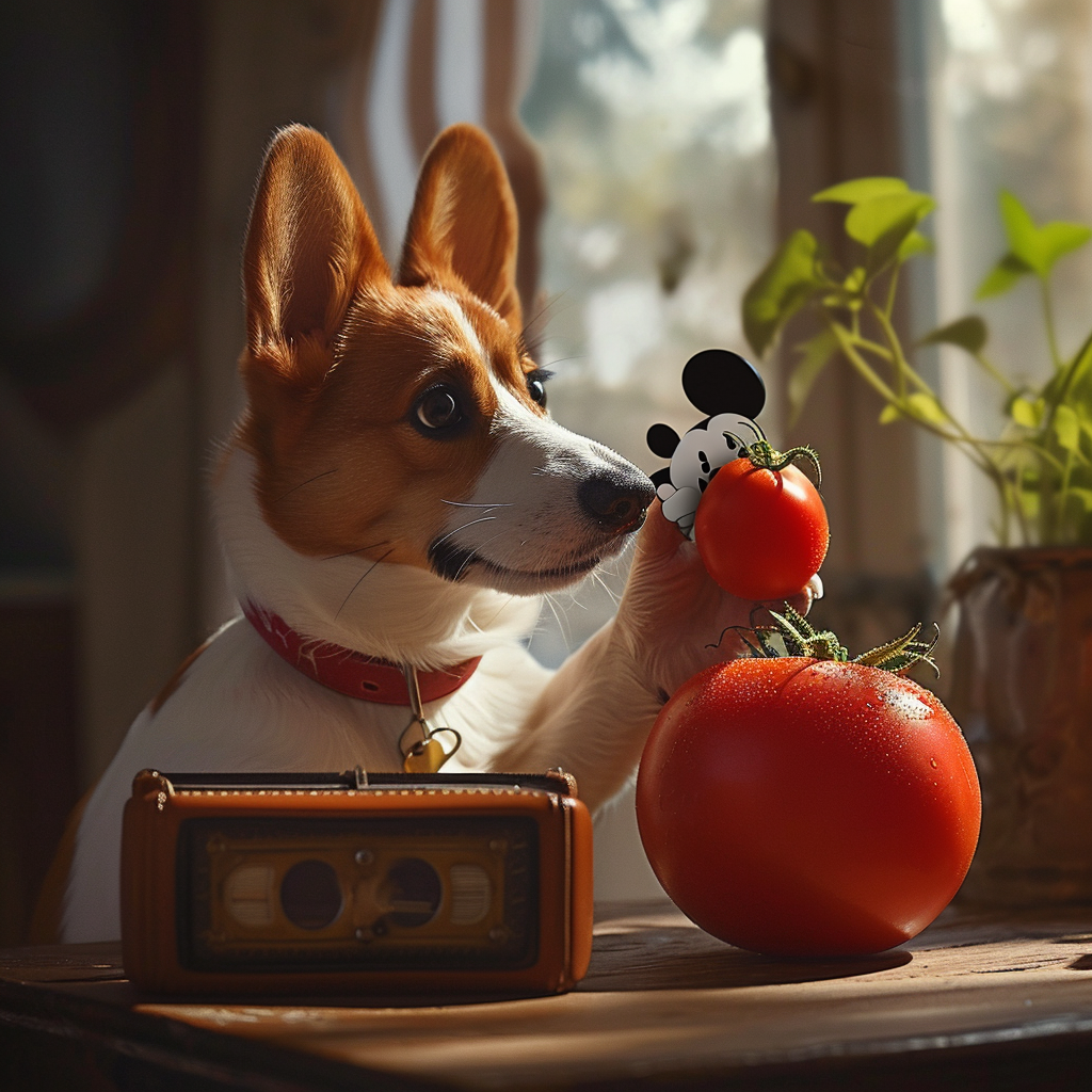 Adorable Corgie Photographing Tomato and Mickey Mouse