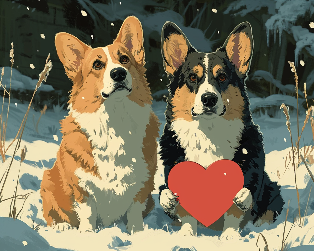 Corgis holding heart-shaped sign in snow