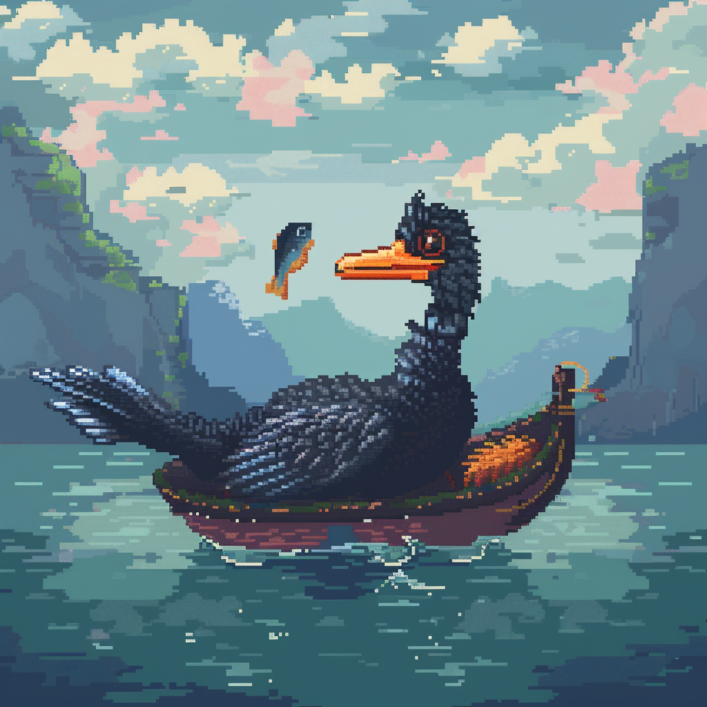 Cormorant fishing pixel art