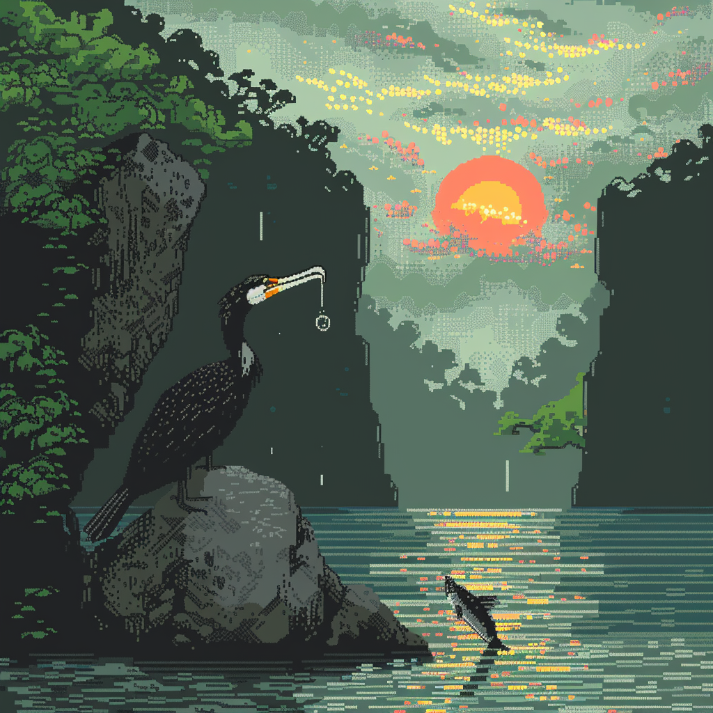 Pixel art of cormorant fishing