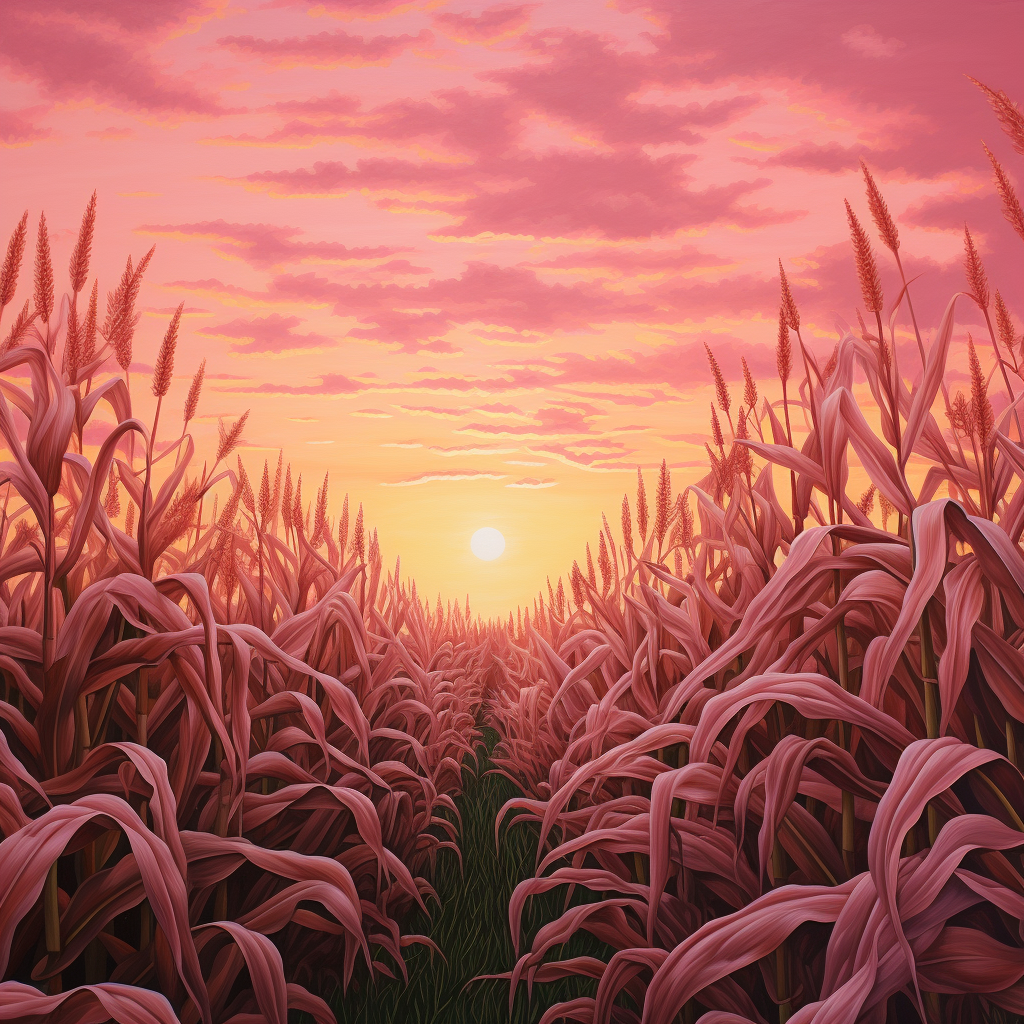 Vibrant pink sunset over detailed corn field painting