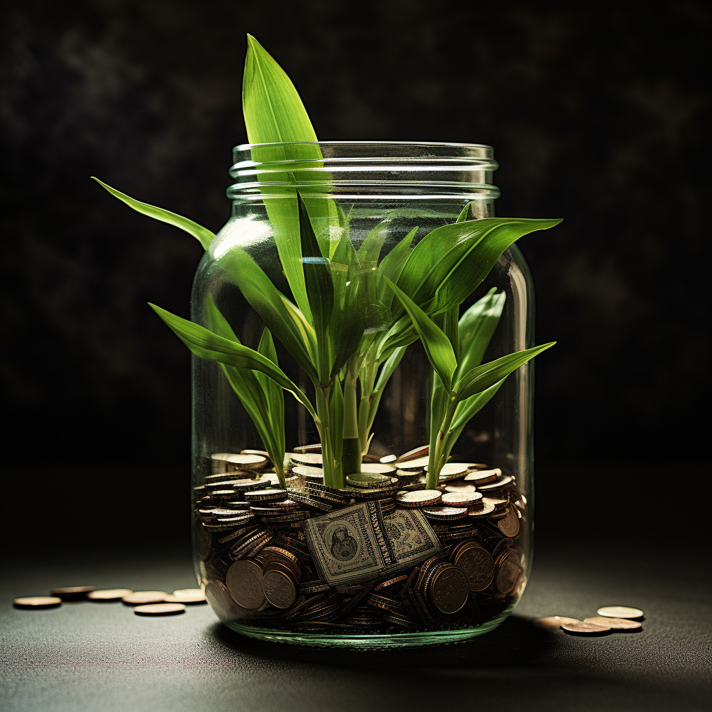 Corn plant growing money in jar